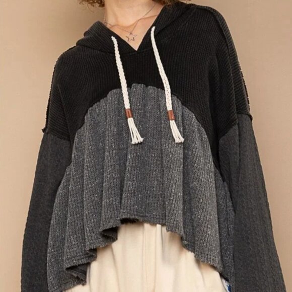 Waffle Knit Bell Sleeve Contrast Crop Hoodie Top by POL - Picture 3 of 5